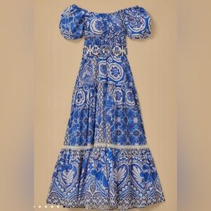 FARM Rio Blue and White Tiered Maxi Sundress Size XL